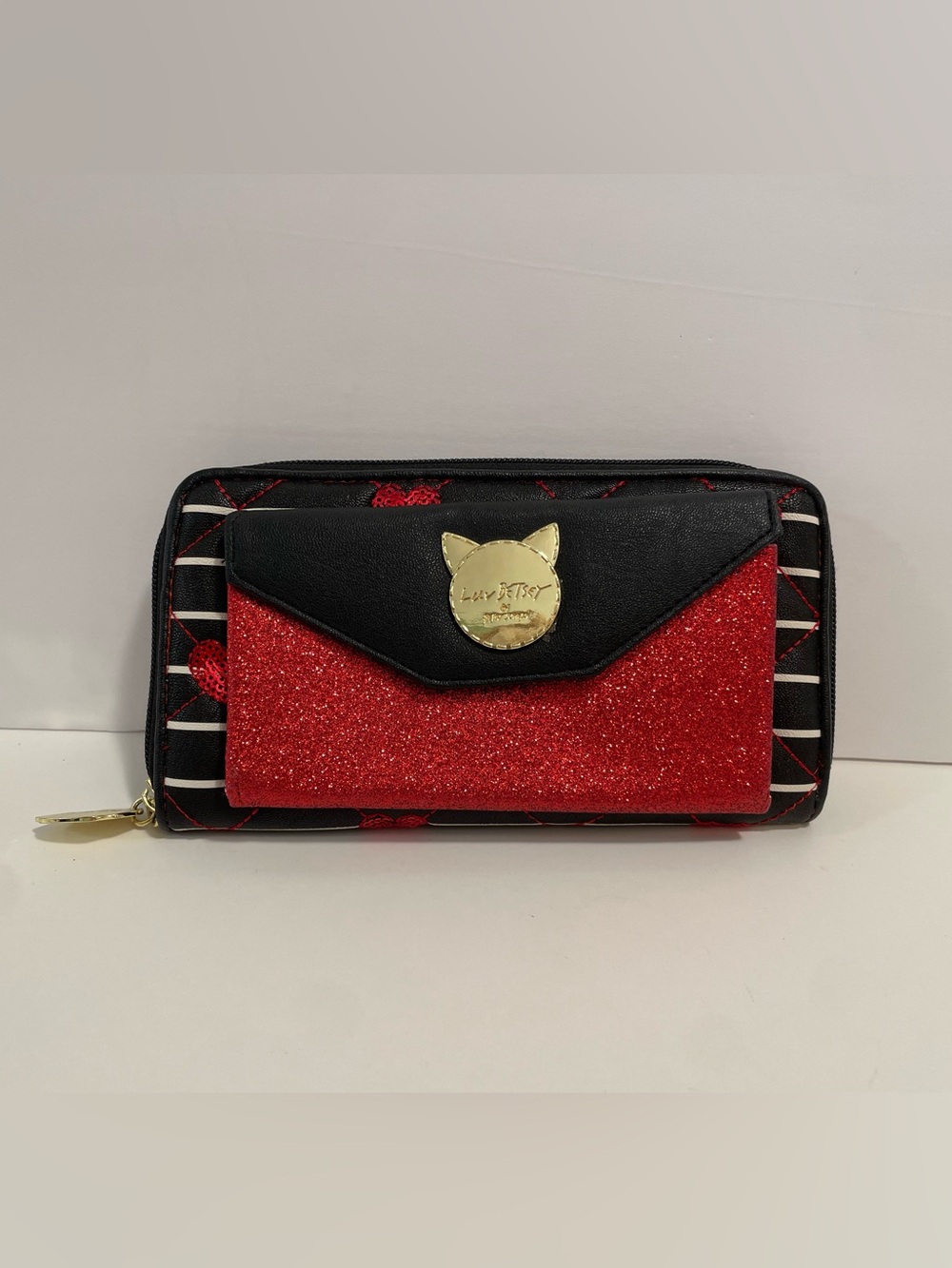 Betsey Johnson Red Glitter Wallet Clutch Emo Punk Scene Girl Hearts Goth Sparkle